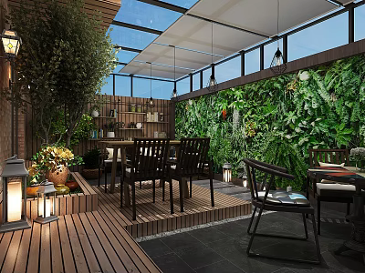 Modern Garden Landscape With Glass Roof Wooden Flooring Vertical Garden Bookshelves And Seating 3d model