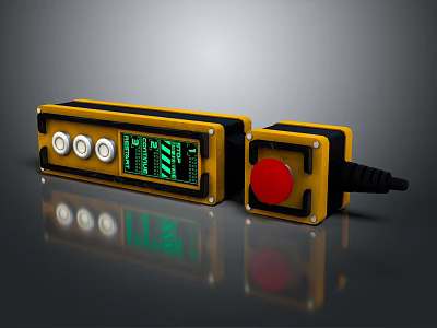 Industrial Control Panel With Yellow Black Casing White Buttons Green Display And Red Emergency Button 3d model