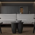 Modern Gray Living Room Interior With Sofa Chairs Round Rug Recessed Lighting And Open Kitchen