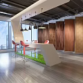Modern Interior Design With Yellow Curved Sofa Wooden Bookshelf Red Chairs And Green Plant Wall