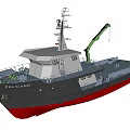 PELICANO Red Brown Work Vessel With Green Crane On Ocean Water