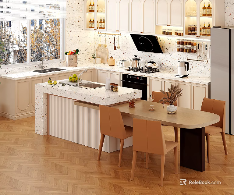 Modern Restaurant Interior With Open Kitchen White Cabinets Marble Island Dining Table Beige Chairs 3d model 
