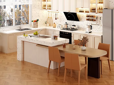 Modern Restaurant Interior With Open Kitchen White Cabinets Marble Island Dining Table Beige Chairs 3d model