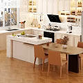 Modern Restaurant Interior With Open Kitchen White Cabinets Marble Island Dining Table Beige Chairs