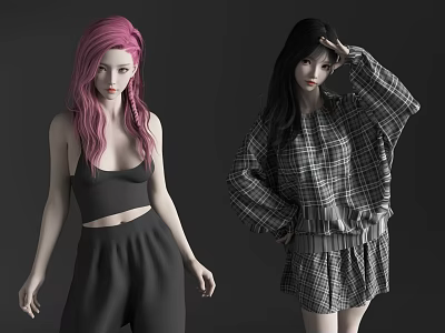 Two Women With Pink Black Hair Wearing Black Crop Top Pants And Plaid Skirt Outfits 3d model