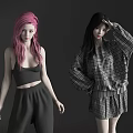 Two Women With Pink Black Hair Wearing Black Crop Top Pants And Plaid Skirt Outfits