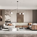 Modern Living Room Interior Design With Sofa Rug Pendant Lights And Woven Wall Decor