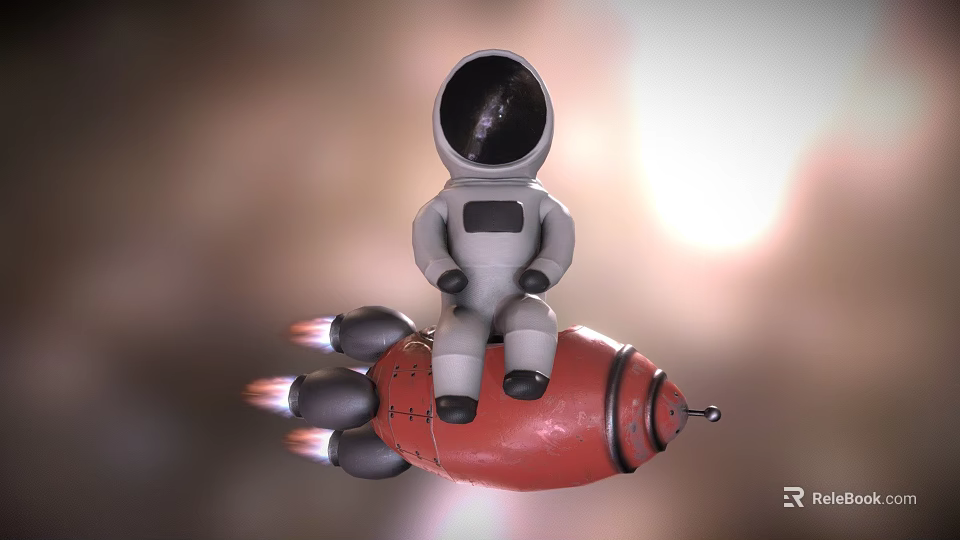Creative Decorative Ornament Set With Astronaut Figure Sitting On Red Rocket 3d model