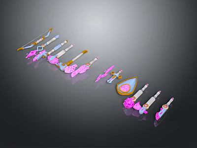 Colorful Fantasy Game Weapons Collection With Swords Daggers Staffs In Pink Blue Ornate Designs 3d model