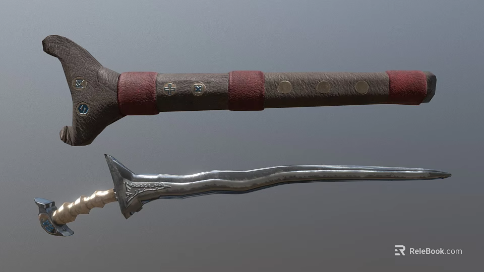 Sword Weapon With Wooden Hilt Red Wrapping And Silver Curved Engraved Blade 3d model 