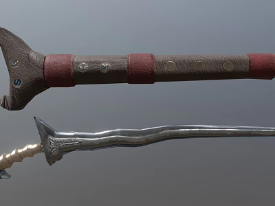 Sword Weapon With Wooden Hilt Red Wrapping And Silver Curved Engraved Blade 3d model
