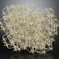 Complex 3D Intertwined Molecular Network Model with Light Beige and Pink on Dark Background