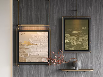 Traditional Chinese Wall Decor With Framed Artworks Golden Borders Wooden Background And Decorative Vase 3d model