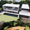 Modern Detached Villa With Glass Walls And Terrace Surrounded By Lush Green Trees And Garden