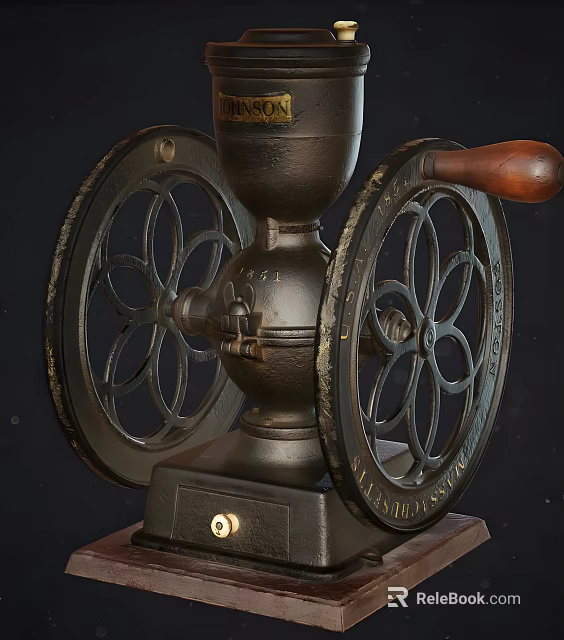 Vintage Kitchen Appliance Coffee Grinder With Wooden Handle And Double Wheel Design 3d model 