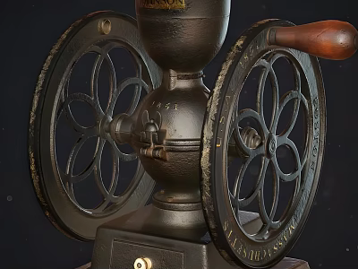 Vintage Kitchen Appliance Coffee Grinder With Wooden Handle And Double Wheel Design 3d model