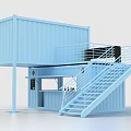 Blue Container Building Converted Into Modern Bar With Stairs Counter And Stools 3d model