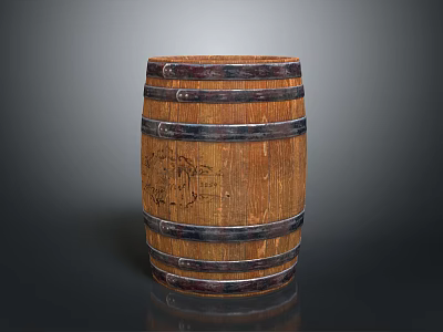 Vintage Wooden Barrel With Metal Hoops And Carved Design For Home Decor 3d model