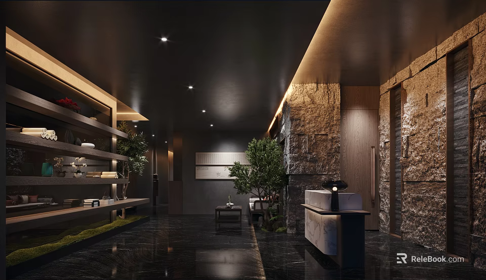 Contemporary Restaurant Interior Design Featuring Stone Walls Green Plants Wooden Decor And Black Flooring 3d model 