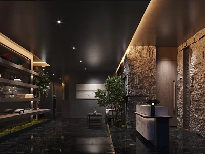 Contemporary Restaurant Interior Design Featuring Stone Walls Green Plants Wooden Decor And Black Flooring 3d model