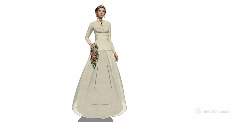 Elegant Woman In White Wedding Dress Holding Colorful Flower Bouquet 3d model 
