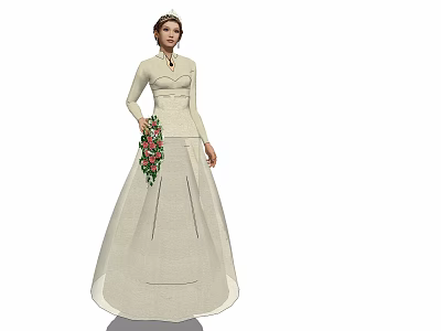 Elegant Woman In White Wedding Dress Holding Colorful Flower Bouquet 3d model