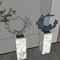 Modern Circular Sculpture Carving With Two White And Black Artworks On Marble Pedestals