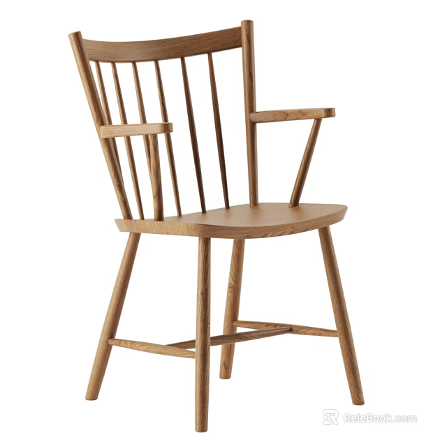 Minimalist Wooden Single Chair With Slatted Back And Armrests In Natural Tone 3d model 