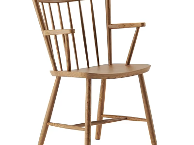 Minimalist Wooden Single Chair With Slatted Back And Armrests In Natural Tone 3d model