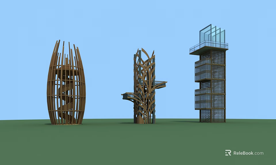 Modern Unique Towers Featuring Spiral Wooden Structure And Glass Observation Deck 3d model 