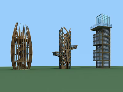 Modern Unique Towers Featuring Spiral Wooden Structure And Glass Observation Deck 3d model