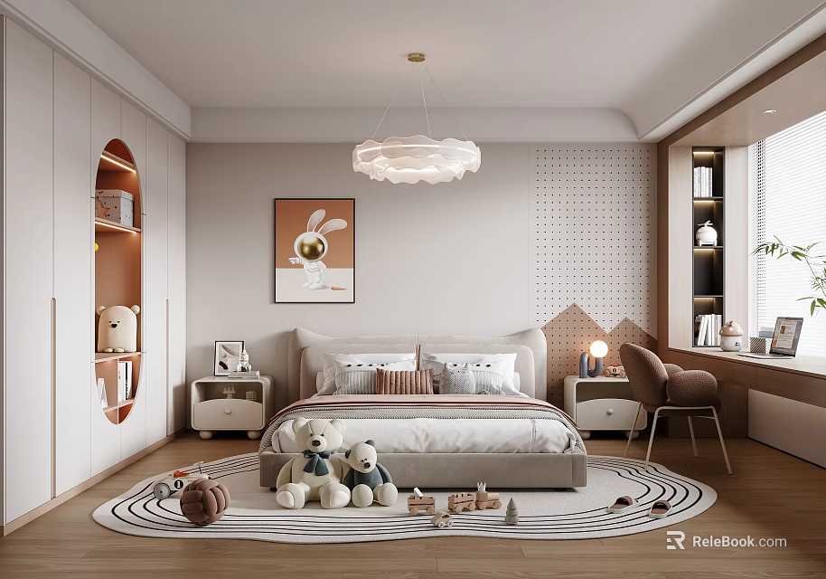 Kids Room Interior Design With Bed Stuffed Bears Rabbit Picture Cloud Chandelier And Circular Rug 3d model 