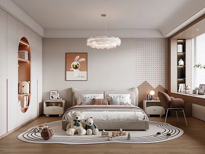 Kids Room Interior Design With Bed Stuffed Bears Rabbit Picture Cloud Chandelier And Circular Rug 3d model