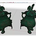 Traditional Green Ceramic Vessels Featuring Animal Head Design Spiral Patterns Three Legs and Decorative Ornaments