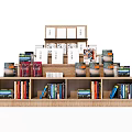 Wooden Display Shelf Multi Tiered Structure With Stacked Books And Card Holders