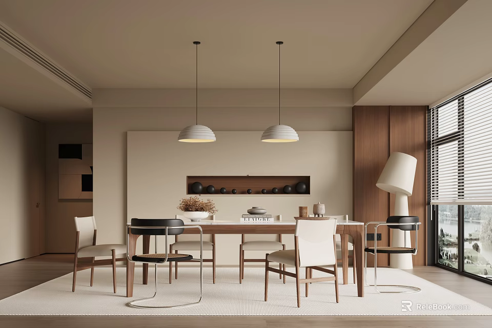 Modern Minimalist Restaurant Dining Space With Wooden Table Chairs And Pendant Lights Decor 3d model 