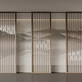 Elegant Modern Room Divider With Mountain Landscape Pattern And Wooden Frames 3d model