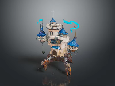 Enchanted Fantasy Castle Design With Blue Spires White Walls Mechanical Base And Floating Ribbons 3d model