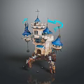 Enchanted Fantasy Castle Design With Blue Spires White Walls Mechanical Base And Floating Ribbons