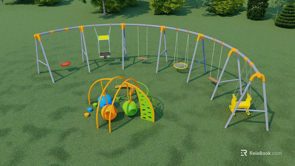 Colorful Outdoor Playground Equipment With Swings Slide And Climbing Structure On Grass Field For Kids 3d model 