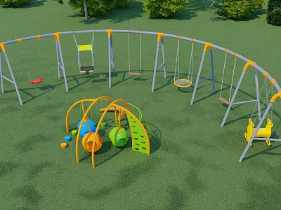 Colorful Outdoor Playground Equipment With Swings Slide And Climbing Structure On Grass Field For Kids 3d model