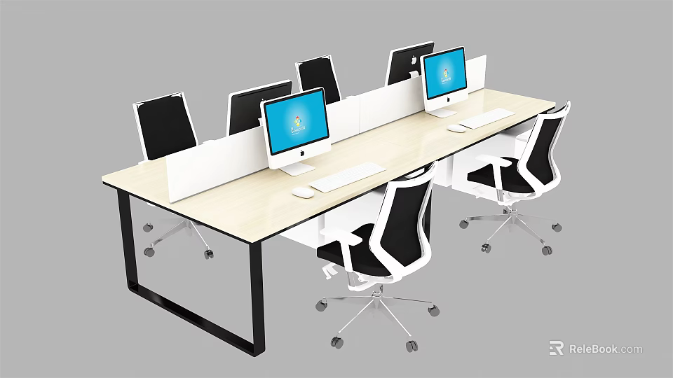Modern Office Desk With Partition Dividers Computer Monitors And Ergonomic Chairs 3d model 