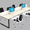 Modern Office Desk With Partition Dividers Computer Monitors And Ergonomic Chairs
