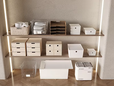 Woven And Metal Storage Baskets With Containers On Shelves For Home Organizing 3d model