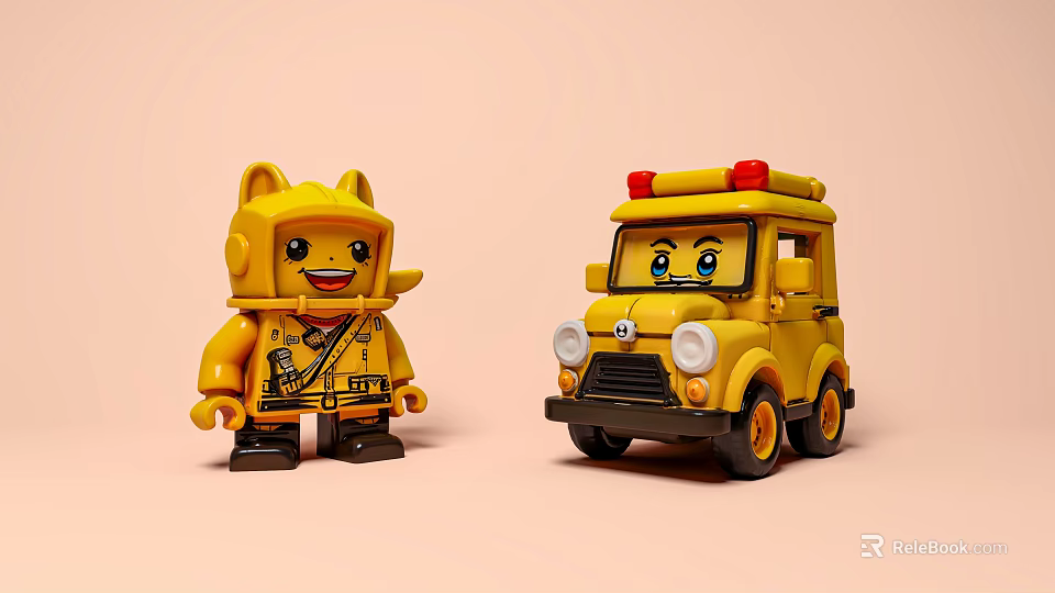 Yellow Toy Game And Movie Characters With Smiling Animal Costume Figure And Red Light Vehicle 3d model 