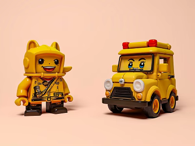 Yellow Toy Game And Movie Characters With Smiling Animal Costume Figure And Red Light Vehicle 3d model