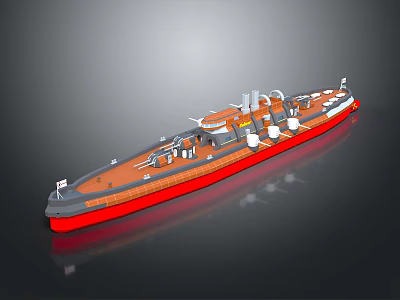 Detailed Warship Scale Model With Orange Deck Gray Hull And Red Bottom 3d model