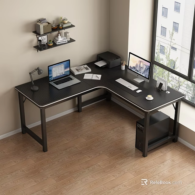 Black L Shaped Desk With Laptop Monitor Lamp Documents And Coffee Cup By Window 3d model 