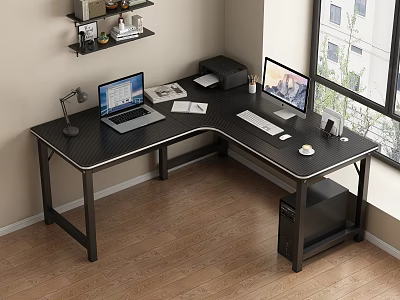 Black L Shaped Desk With Laptop Monitor Lamp Documents And Coffee Cup By Window 3d model