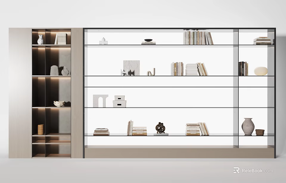 Elegant Modern Glass Display Cabinet With Books Decorative Items And Vases 3d model 